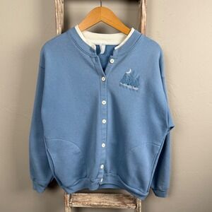 Vintage 90s Alaska Embroidered Blue Cotton Cardigan size Small, USA